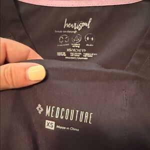Stretchy Black Scrub set (women's). Heart Soul top and MedCouture joggers.